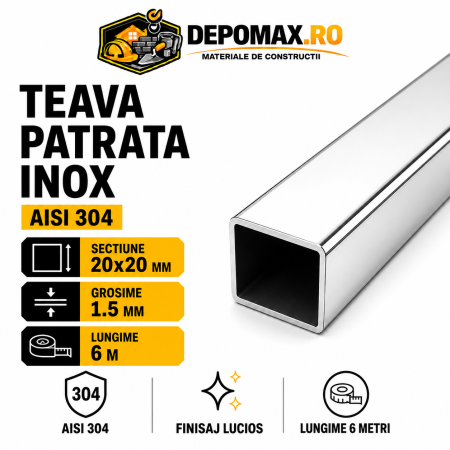 Teava patrata inox lucioasa AISI 304, 20 x 20 x 1.5 mm, 6 metri